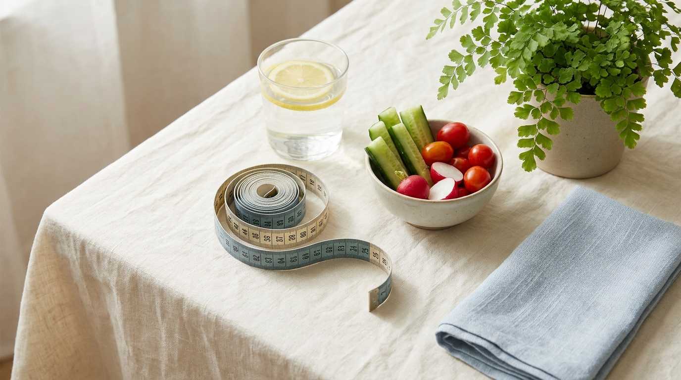 Measuring tape, water and vegetables representing metabolic health