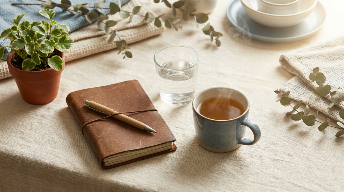 Calm desk scene with journal and herbal tea representing stress recovery
