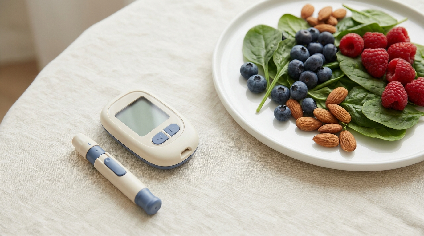 Glucose meter beside fresh vegetables and berries