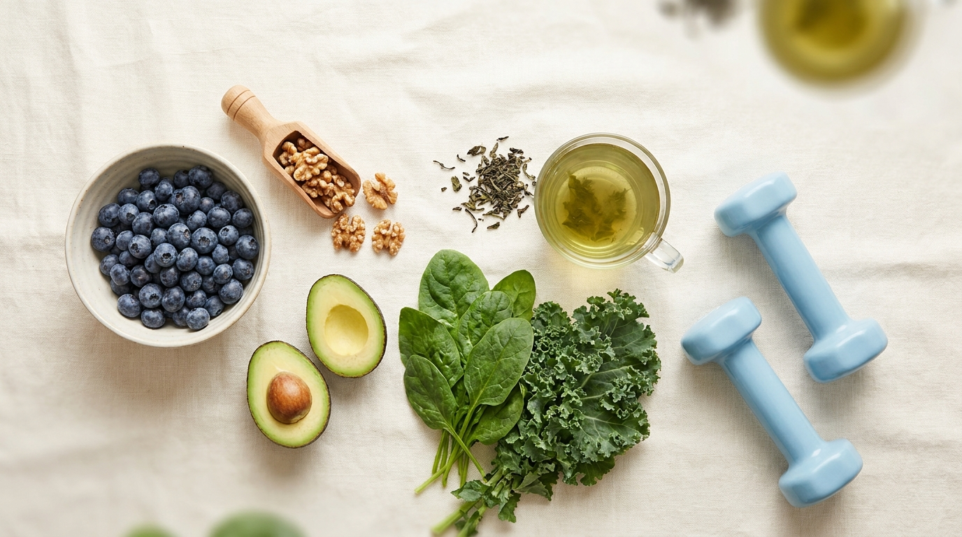 Antioxidant-rich foods and light dumbbells for healthy ageing