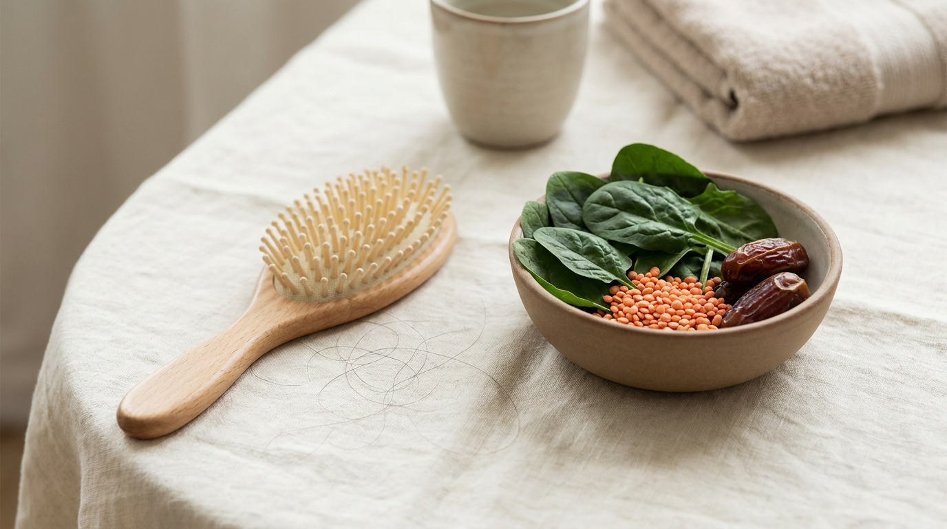 Hairbrush beside iron-rich foods like spinach and lentils