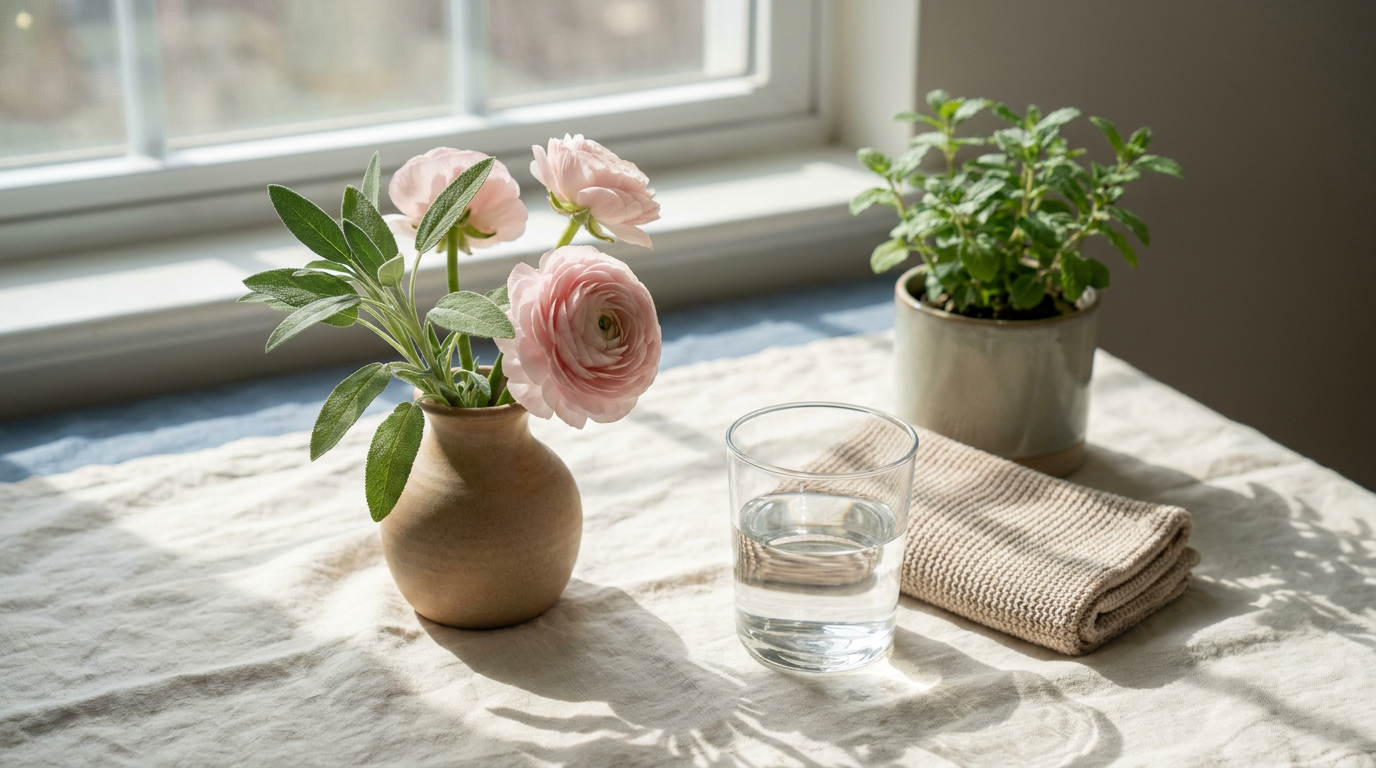 Sage and soft flowers representing hormonal health in perimenopause