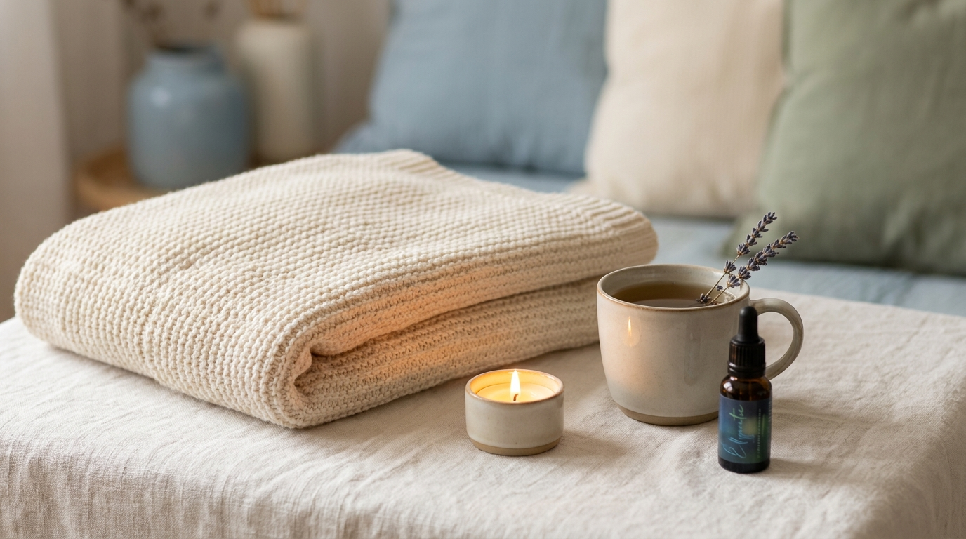 Candle, blanket and herbal tea representing restful sleep