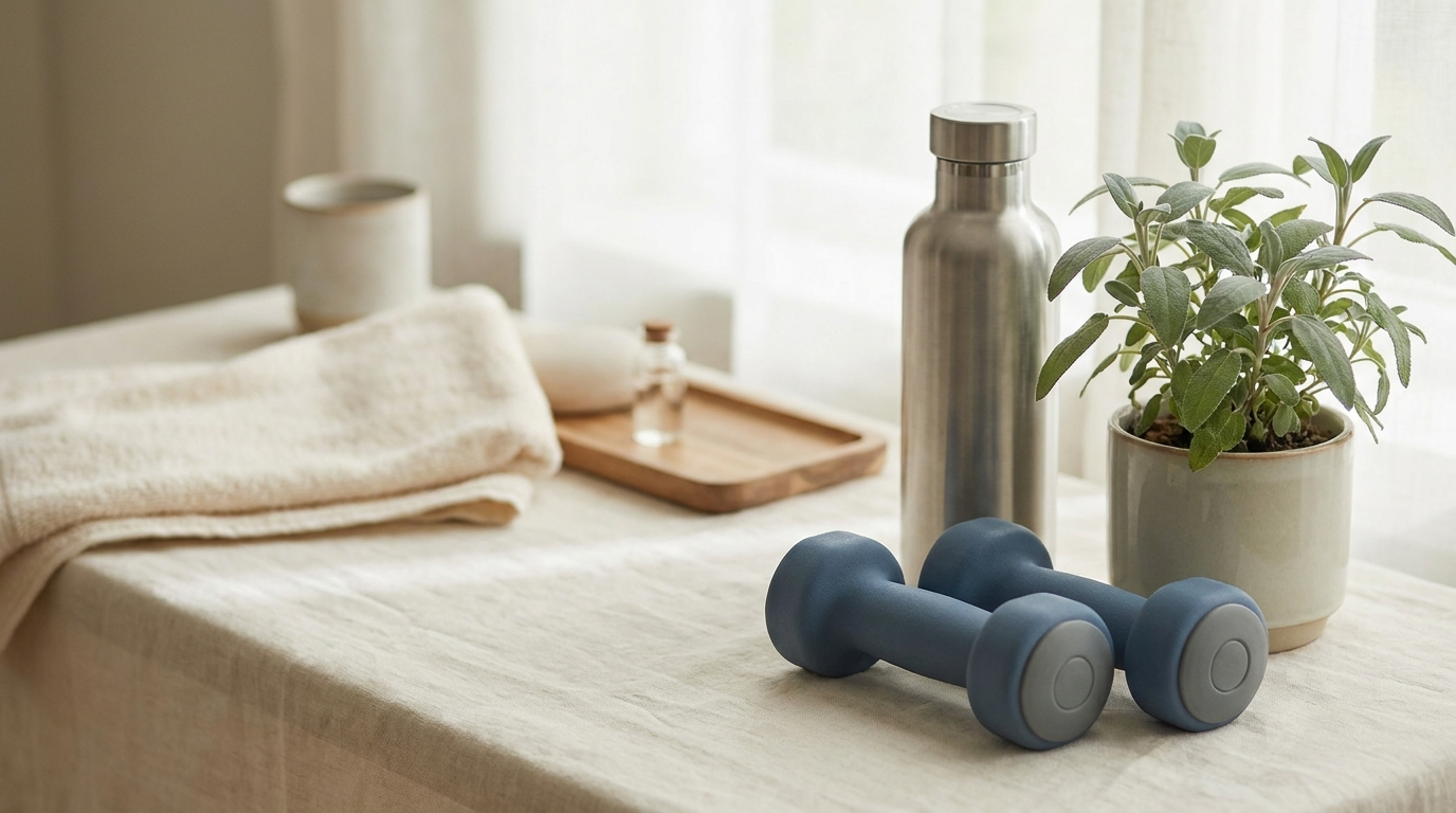 Dumbbells and water bottle representing hormone monitoring