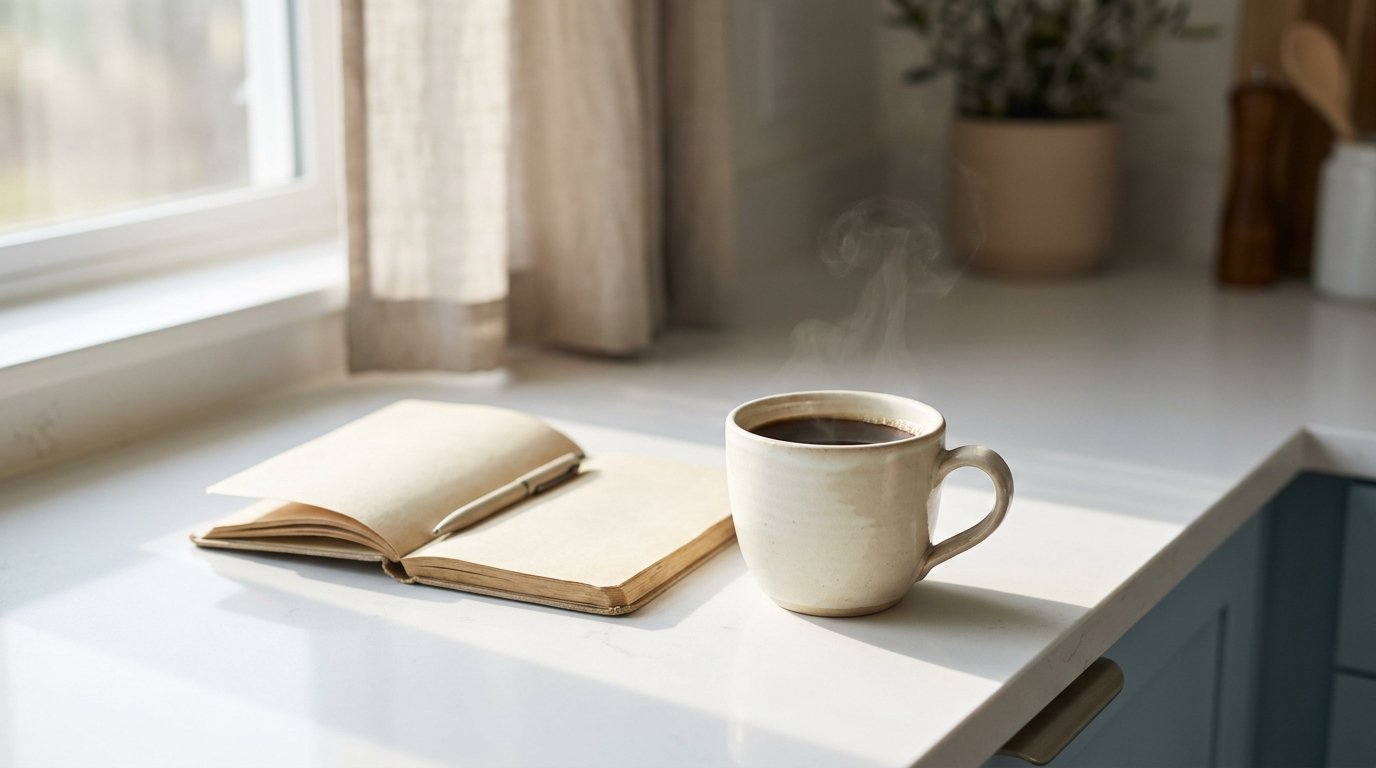 Morning coffee and notebook representing fatigue and low energy