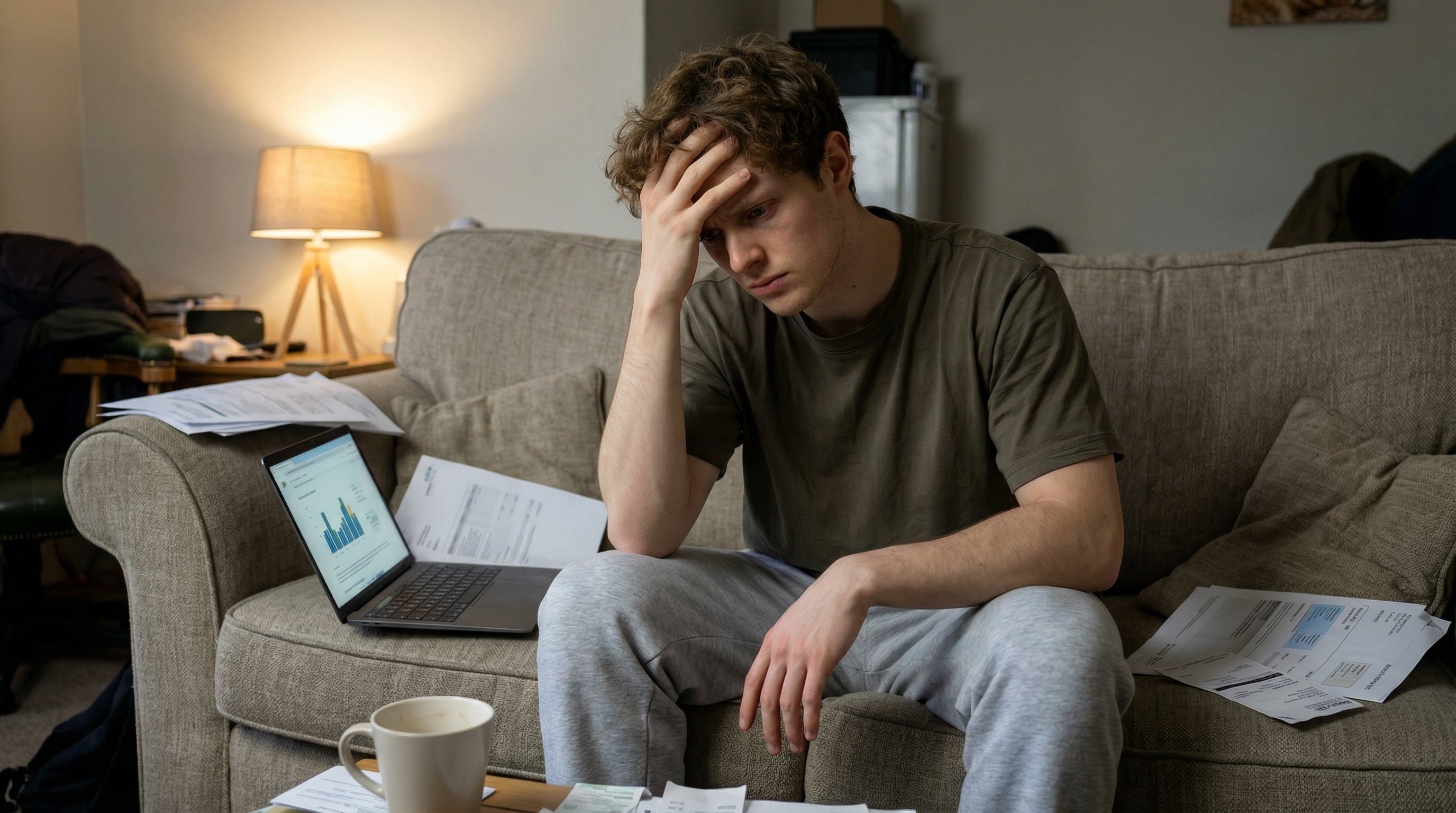 Stressed young man surrounded by paperwork and a laptop — Stress blood test measuring Cortisol and DHEA-S adrenal hormones