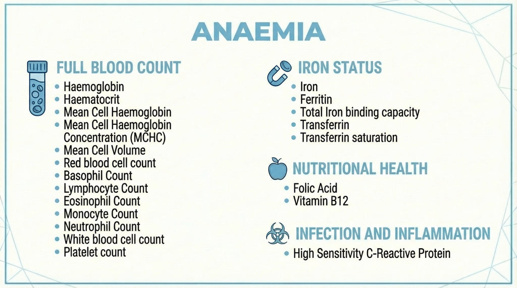 Anaemia Profile blood test panel including Full Blood Count, Iron Status with Ferritin and Transferrin, Nutritional Health and C-Reactive Protein