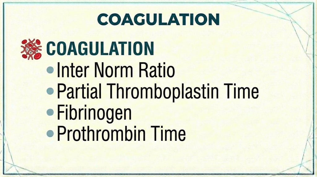 Coagulation Screen blood test panel including International Normalised Ratio, Partial Thromboplastin Time, Fibrinogen and Prothrombin Time