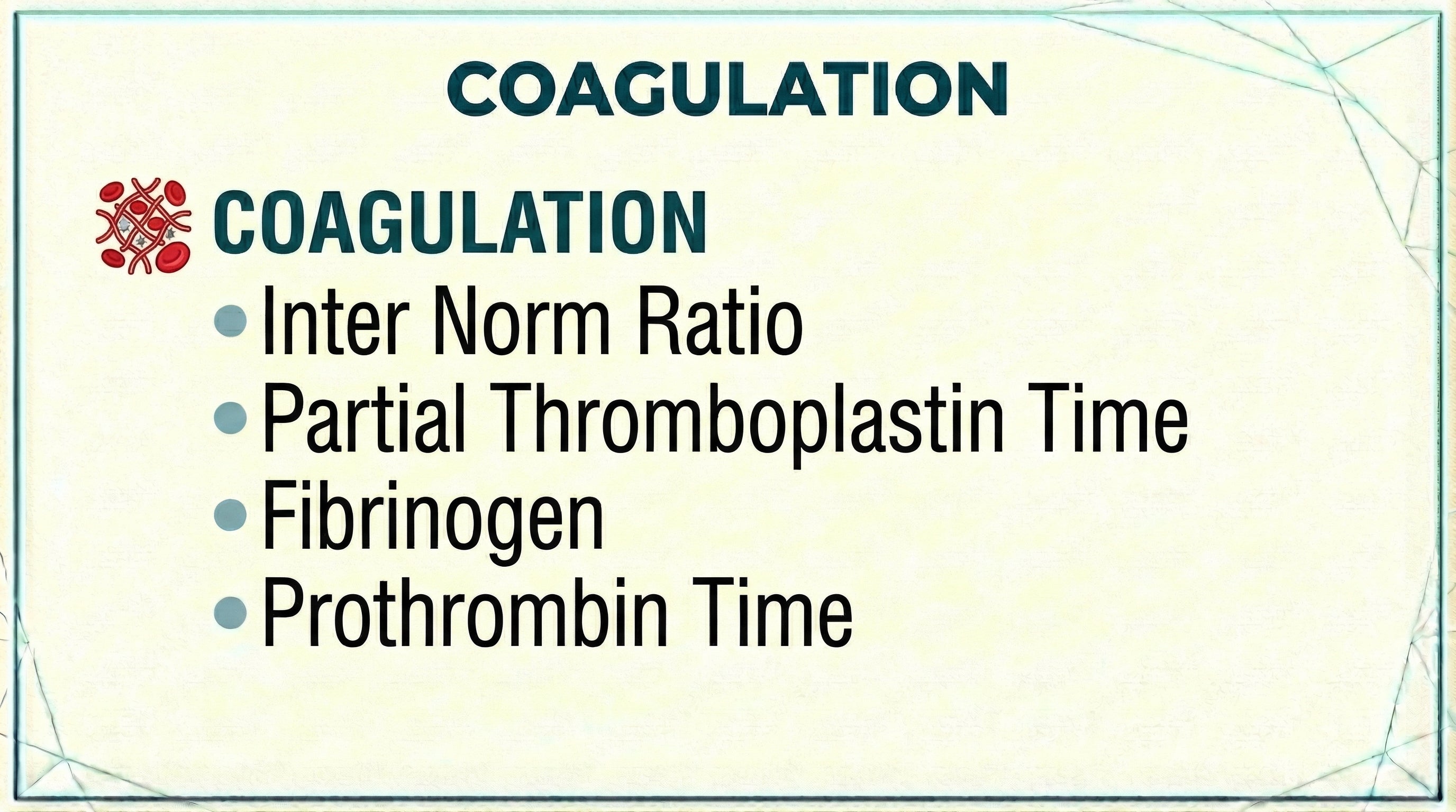 Coagulation Screen blood test panel including International Normalised Ratio, Partial Thromboplastin Time, Fibrinogen and Prothrombin Time