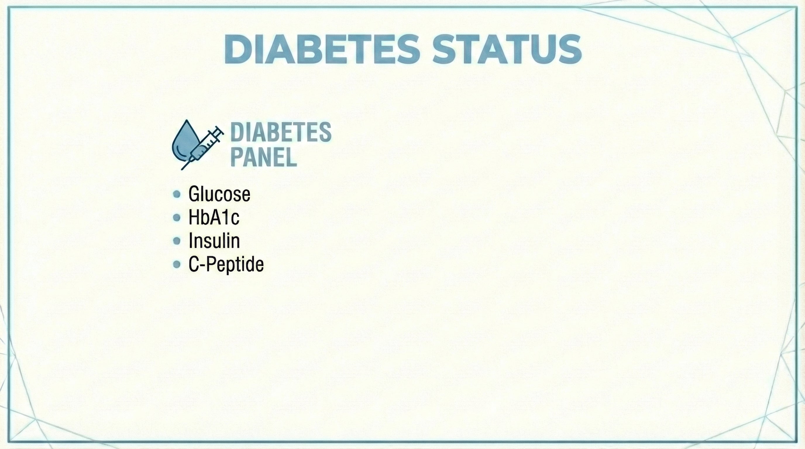 Diabetes Status blood test panel including Glucose, HbA1c, Insulin and C-Peptide markers
