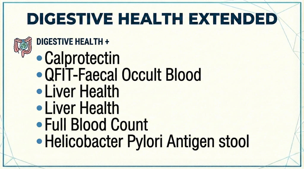 Digestive Health Extended blood test panel including Calprotectin, QFIT Faecal Occult Blood, Liver Health, Full Blood Count and H.Pylori Antigen Stool test
