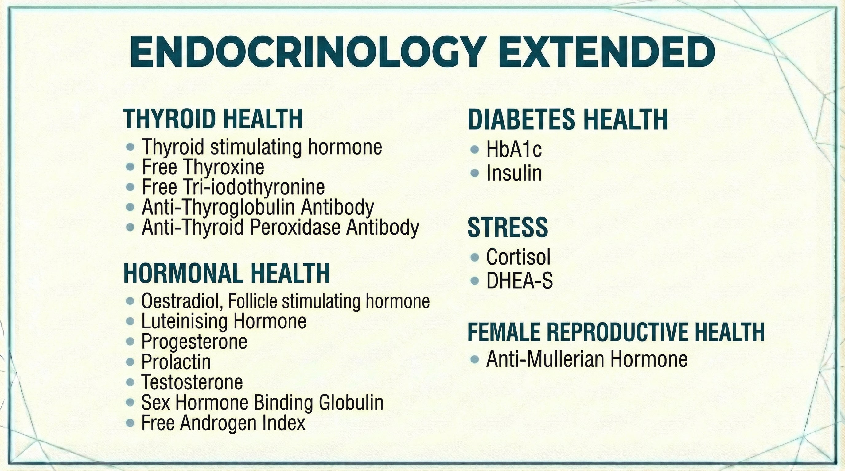 Endocrinology Extended blood test panel covering Thyroid Health, Hormonal Health, Diabetes Health, Stress markers and Anti-Mullerian Hormone