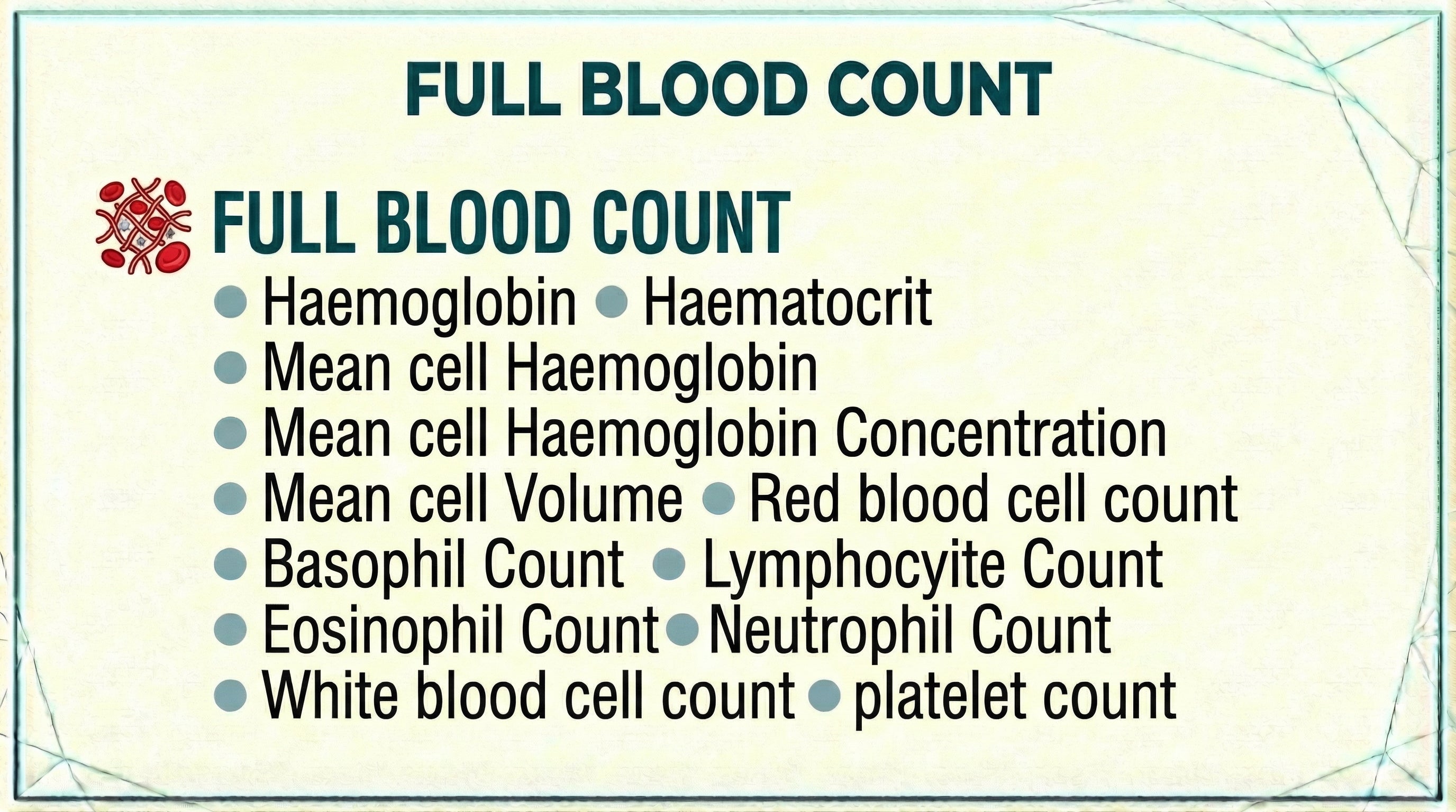 Full Blood Count test biomarkers list including haemoglobin, haematocrit, red and white blood cell count, platelet count and differential white cell count