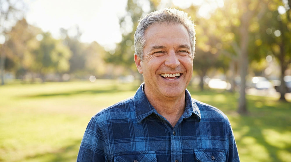 Confident middle-aged man smiling outdoors in a sunny park — Genetic Prostate Cancer risk gene test