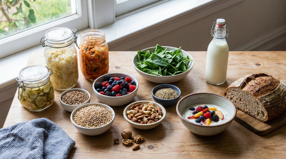 Fermented foods, grains and gut-friendly ingredients on a kitchen table — Microbiome Testing for gut bacterial composition analysis