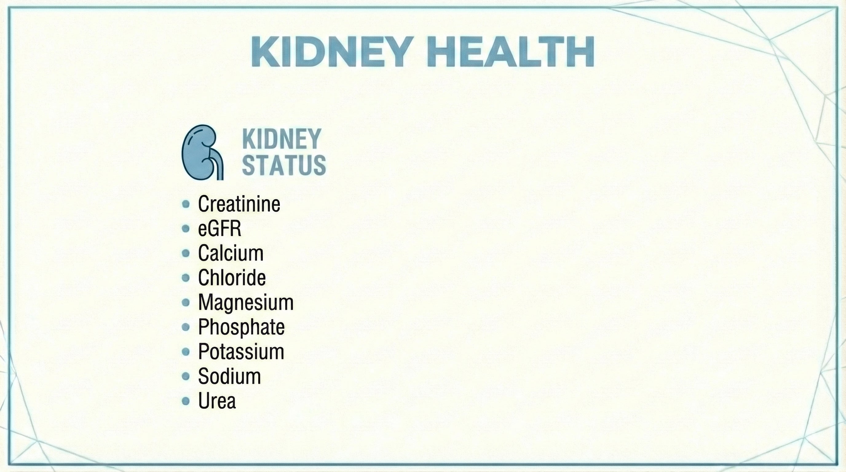 Kidney Health blood test panel including Creatinine, eGFR, Calcium, Chloride, Magnesium, Phosphate, Potassium, Sodium and Urea