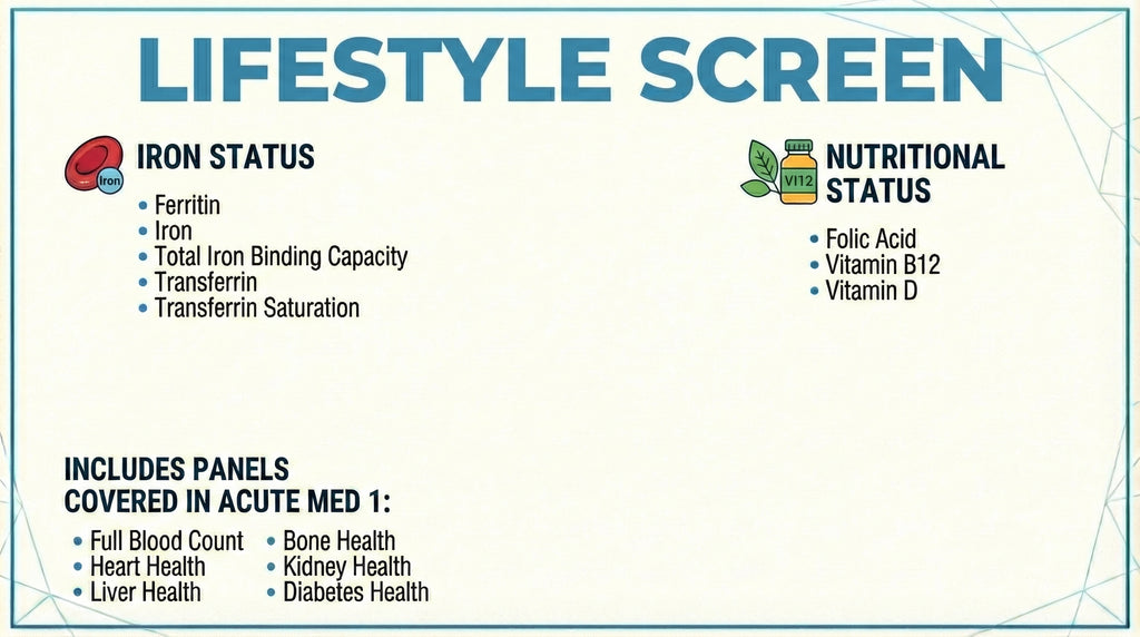 Lifestyle Screen blood test panel showing Iron Status, Folic Acid, Vitamin B12 and Vitamin D alongside Full Blood Count and organ health panels