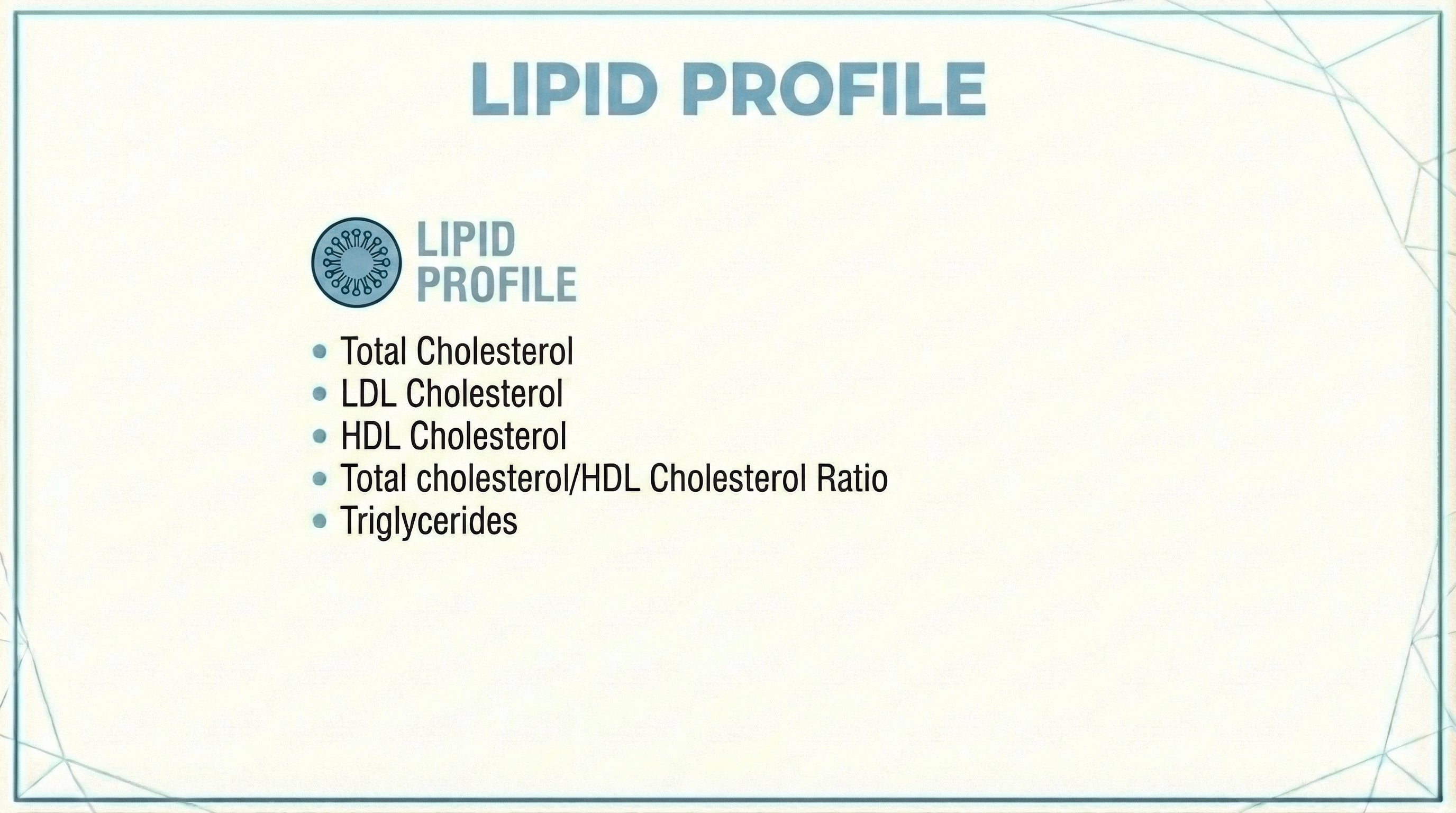 Lipid Profile blood test panel including Total Cholesterol, LDL, HDL, Total Cholesterol/HDL Ratio and Triglycerides