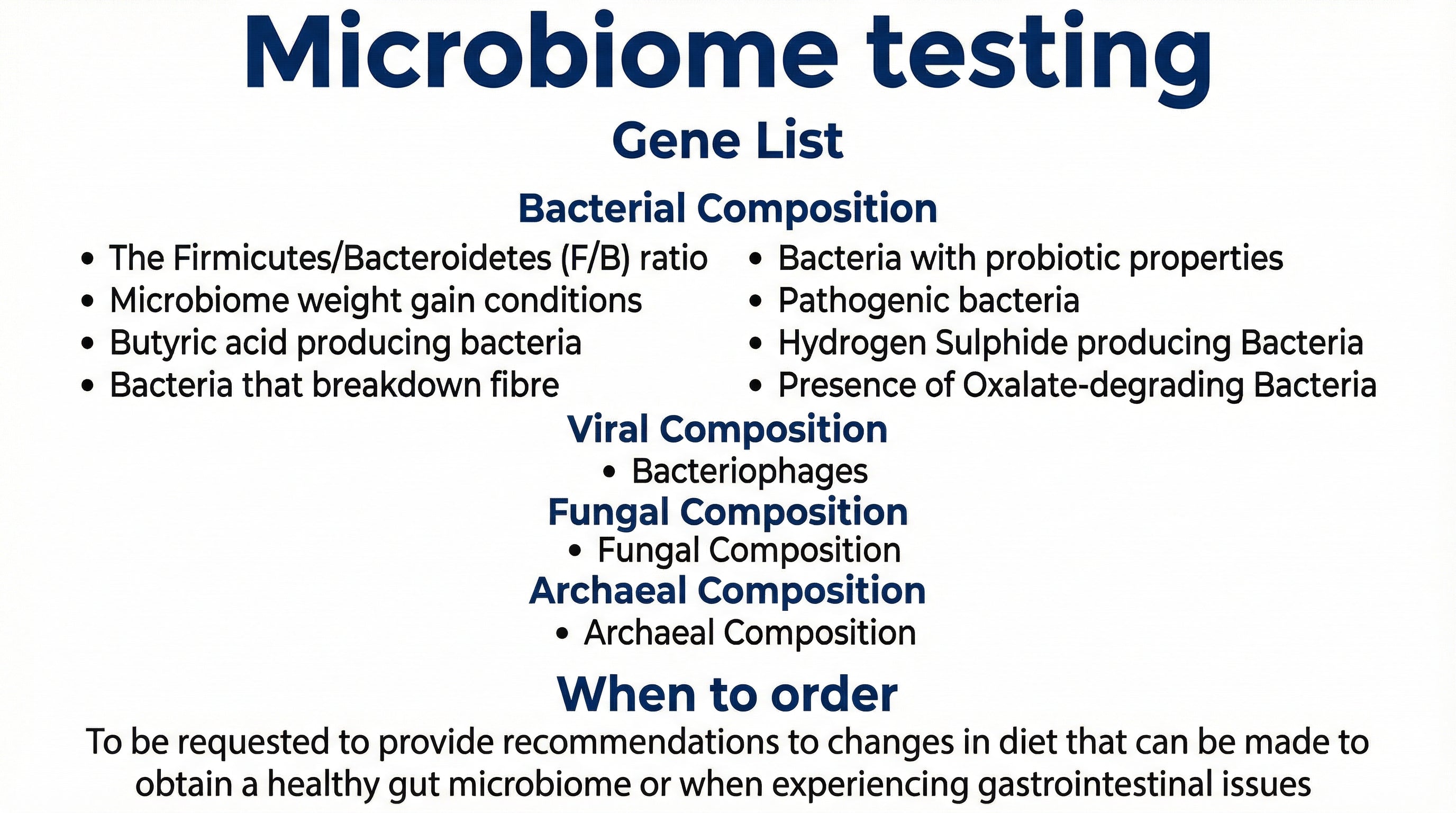 Microbiome Testing panel showing bacterial, viral, fungal and archaeal gut composition analysis including Firmicutes/Bacteroidetes ratio
