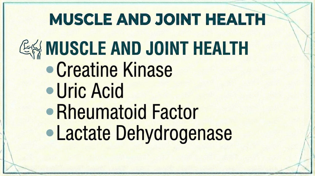 Muscle and Joint Health blood test panel including Creatinine Kinase, Uric Acid, Rheumatoid Factor and Lactate Dehydrogenase