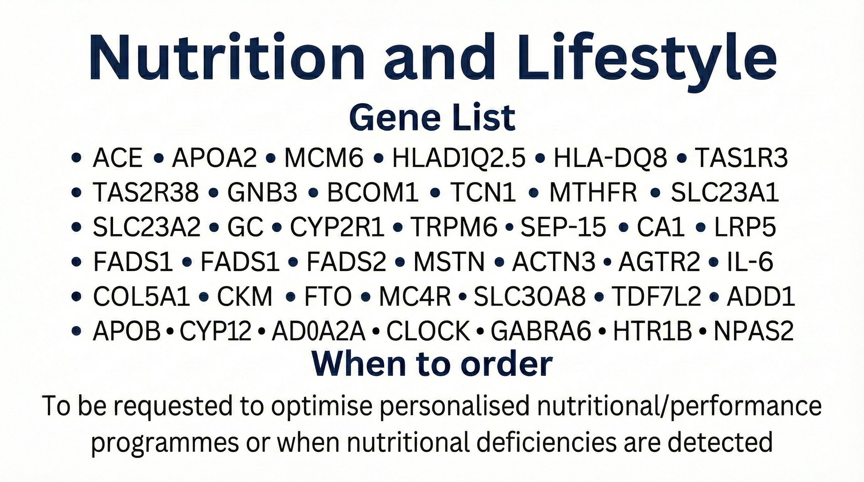 Nutrition and Lifestyle DNA test panel showing comprehensive gene list including ACE, MTHFR, FTO and CLOCK genes for personalised nutrition