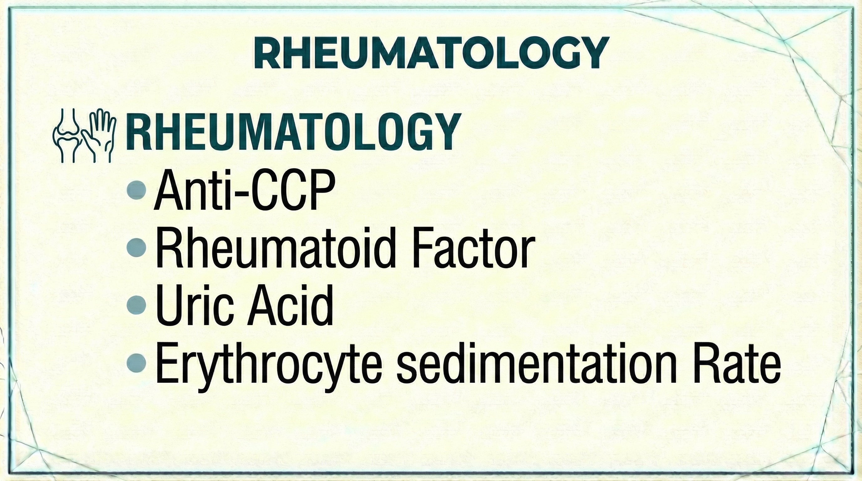 Rheumatology blood test panel including Anti-CCP, Rheumatoid Factor, Uric Acid and Erythrocyte Sedimentation Rate