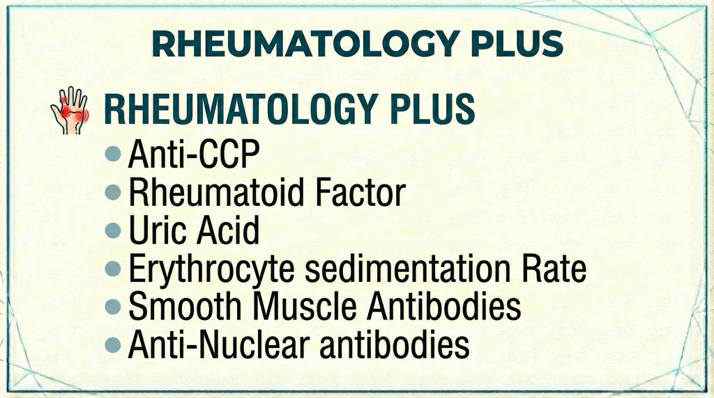 Rheumatology Plus blood test panel including Anti-CCP, Rheumatoid Factor, Uric Acid, ESR, Smooth Muscle Antibodies and Anti-Nuclear Antibodies