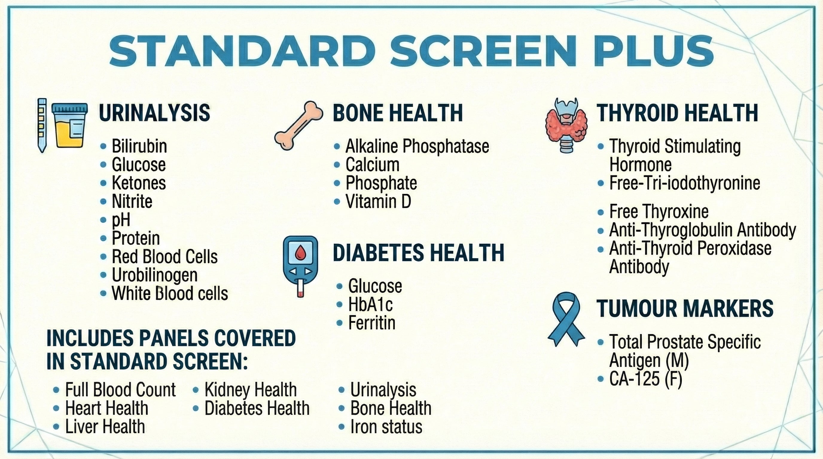 Standard Screen Plus blood test panel including Thyroid Health, Tumour Markers, Bone Health, Diabetes Health and Iron Status