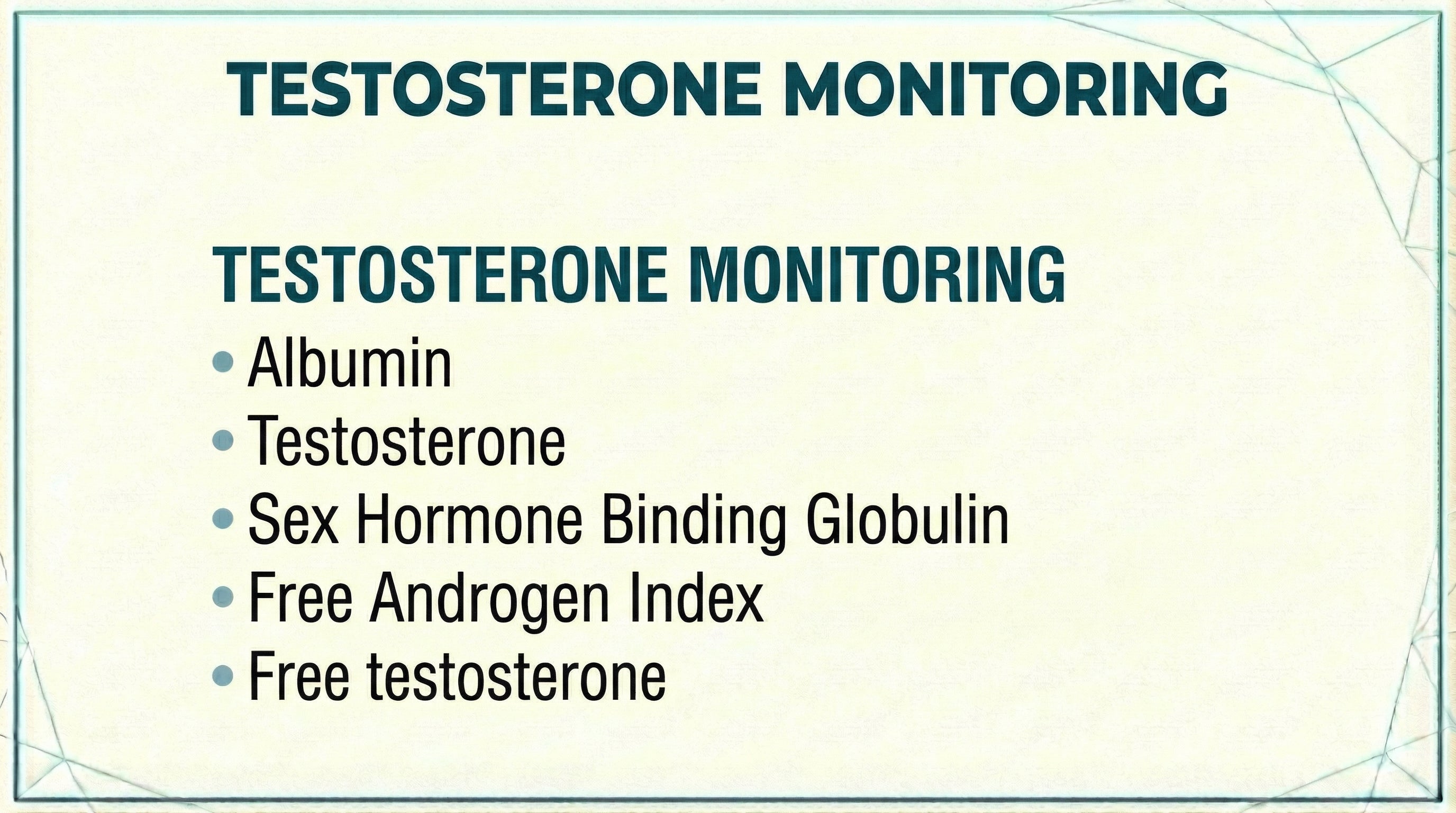Testosterone Monitoring blood test panel including Albumin, Testosterone, Sex Hormone Binding Globulin, Free Androgen Index and Free Testosterone