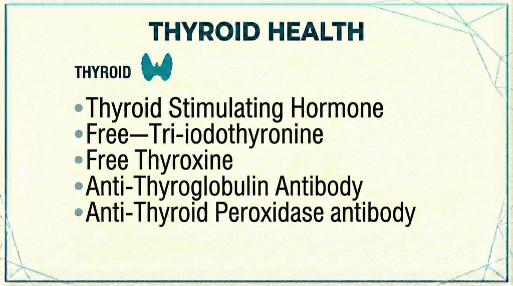 Thyroid Health blood test panel including TSH, Free Tri-iodothyronine, Free Thyroxine, Anti-Thyroglobulin Antibody and Anti-Thyroid Peroxidase Antibody
