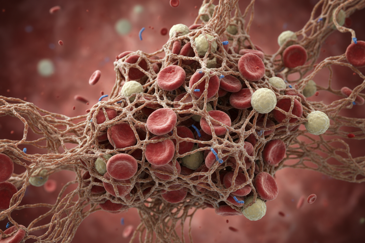 3D microscopic illustration of a blood clot with red blood cells trapped in fibrin mesh — Coagulation Screen blood test