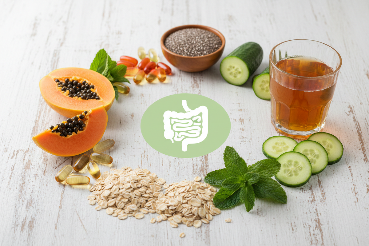 Digestive health foods including papaya, oats, cucumber and herbal tea arranged around a gut icon — Digestive Health blood test