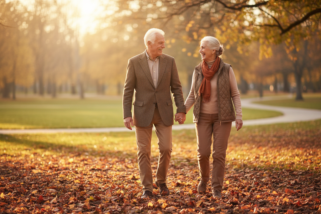 Happy elderly couple walking hand in hand in an autumn park — Rheumatology Extended blood test for joint and autoimmune health