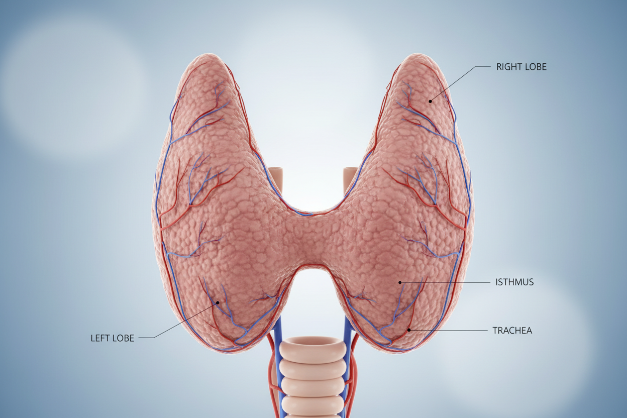 Medical illustration of the thyroid gland showing right lobe, left lobe, isthmus and trachea — Thyroid Health blood test