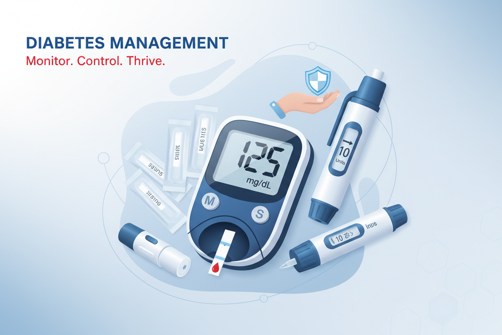 Diabetes monitoring tools including a glucose meter reading 125mg/dL — Diabetes Status blood test for Glucose, HbA1c, Insulin and C-Peptide