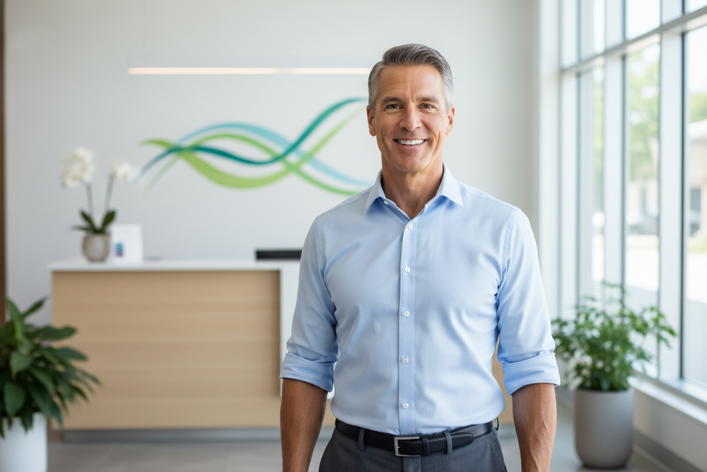 Confident healthy man in his 50s smiling in a clinical setting — Free Prostate Antigen PSA blood test