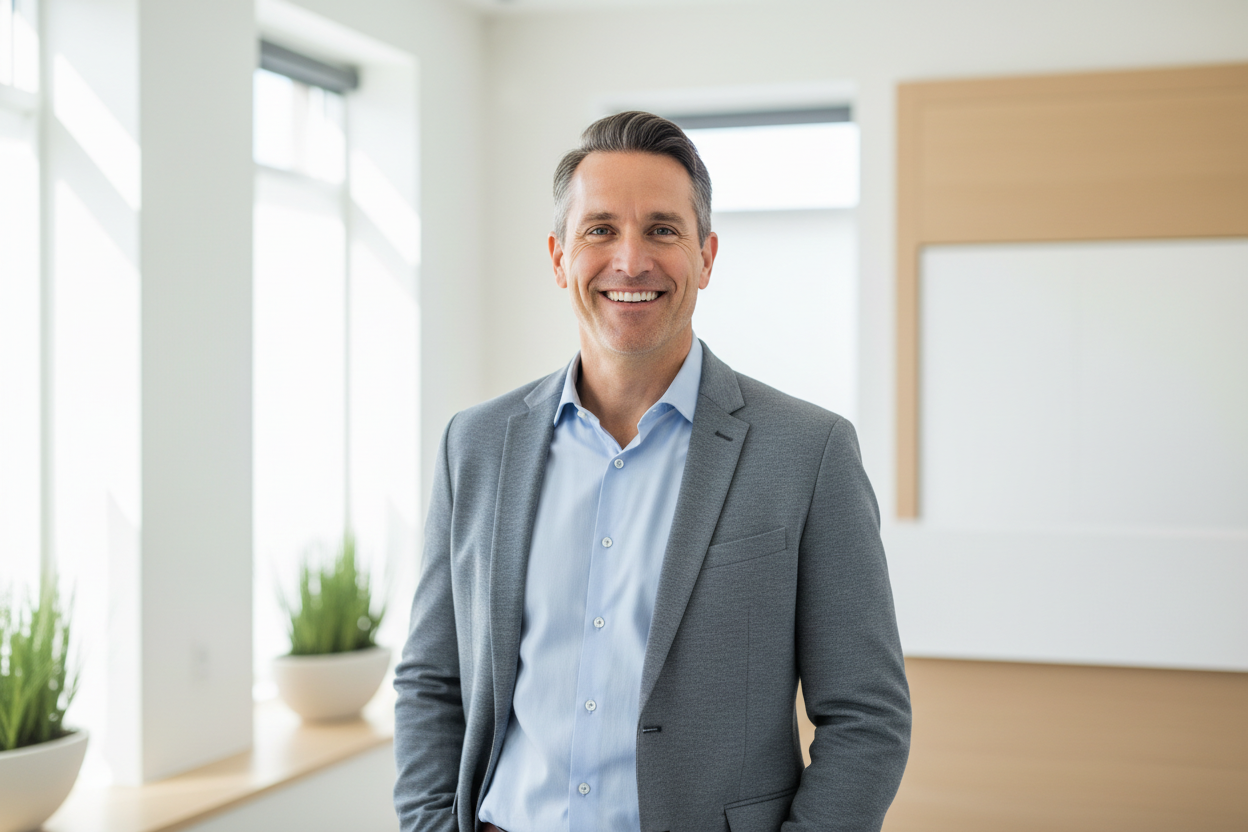 Confident man in his 40s smiling in a bright office — Total Prostate Antigen PSA blood test for prostate health