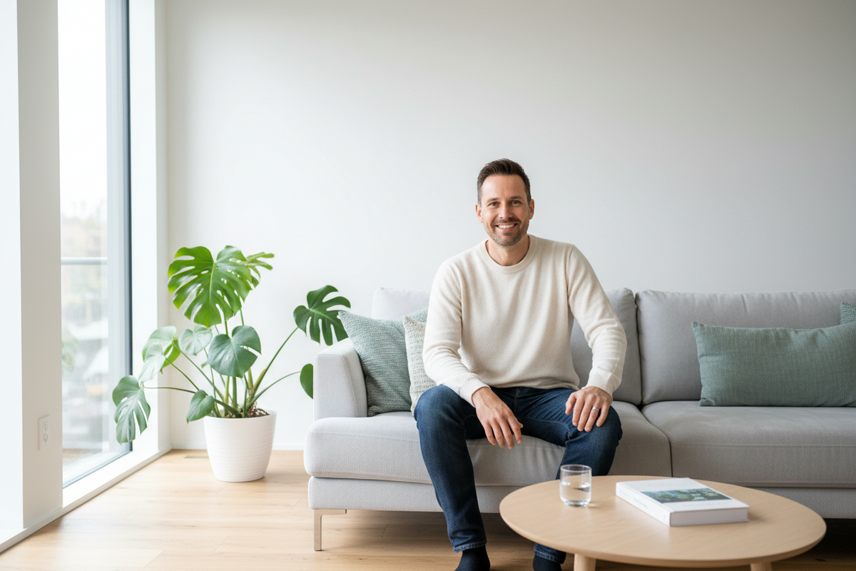 Confident healthy man smiling on a sofa — Prostate Profile blood test for mens prostate health