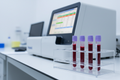 Blood sample tubes in a rack next to a haematology analyser in a clinical laboratory