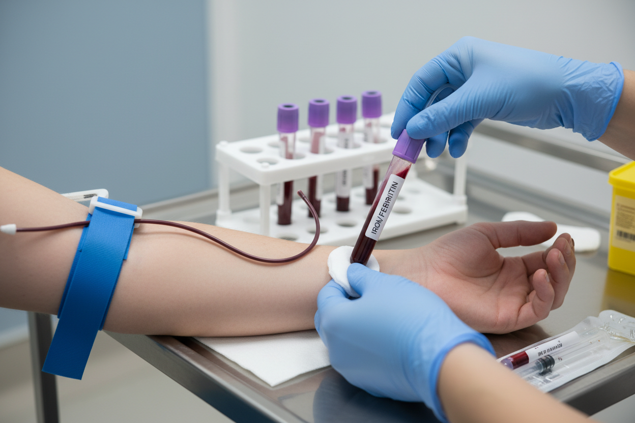 Phlebotomist collecting a blood sample labelled Iron Ferritin from a patient — Iron Status blood test