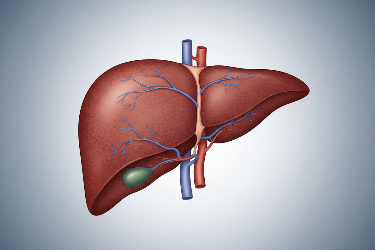 Anatomical illustration of the human liver and gallbladder with blood vessels — Liver Health blood test