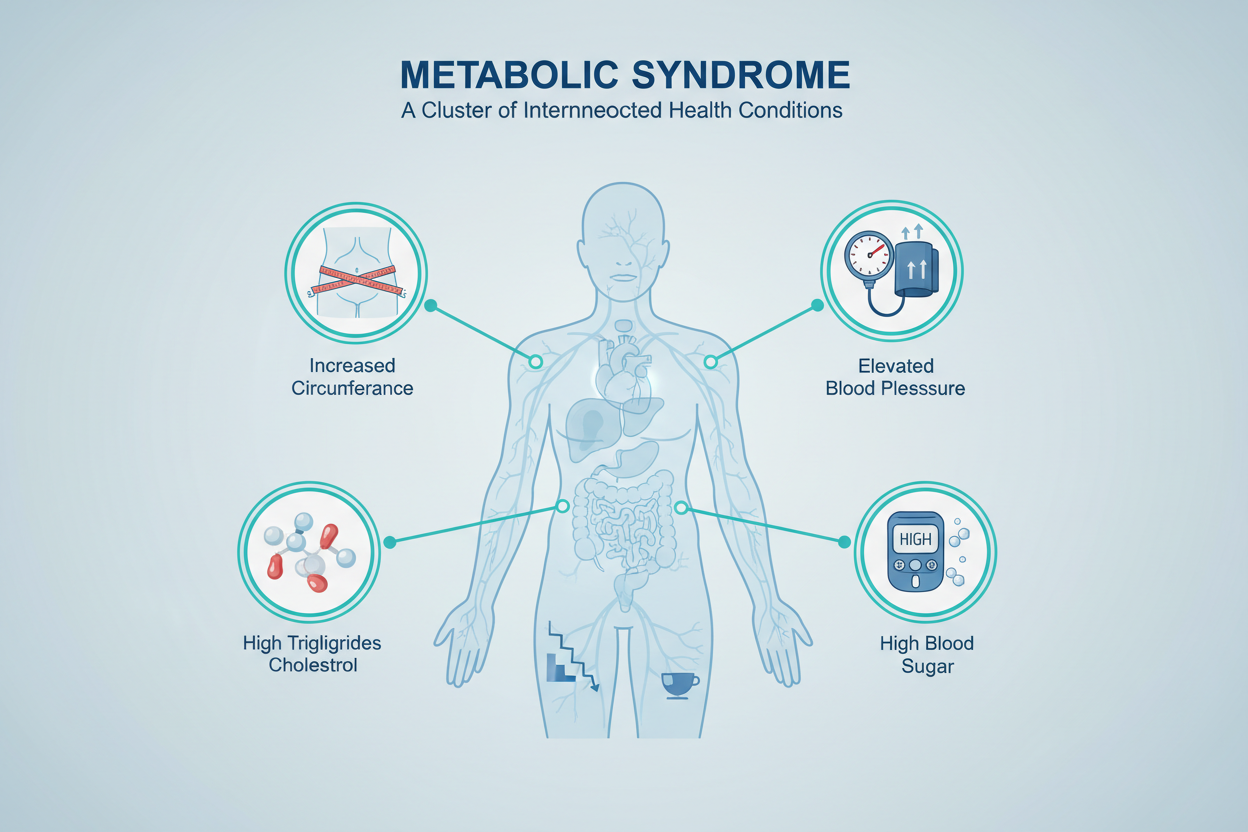 Infographic showing metabolic syndrome risk factors including increased waist circumference, elevated blood pressure and high blood sugar
