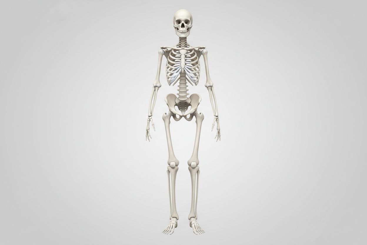 Medical illustration of a full human skeleton — Bone Health blood test measuring Alkaline Phosphatase, Calcium, Phosphate, Vitamin D and Parathyroid Hormone