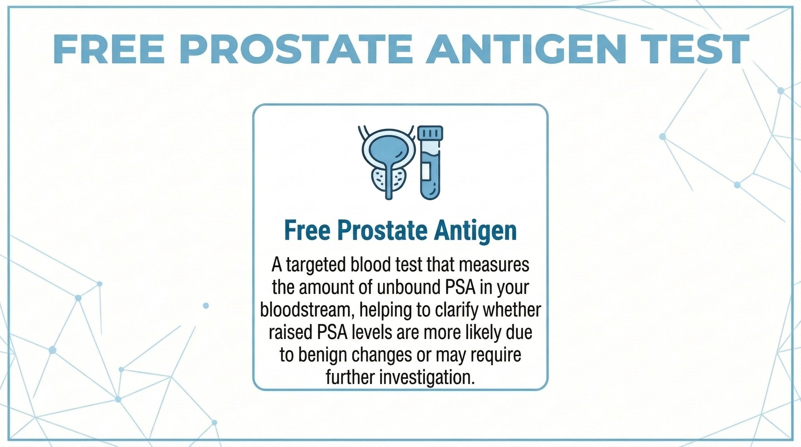 Free Prostate Antigen Test card explaining how unbound PSA levels help clarify whether raised PSA is due to benign changes or cancer