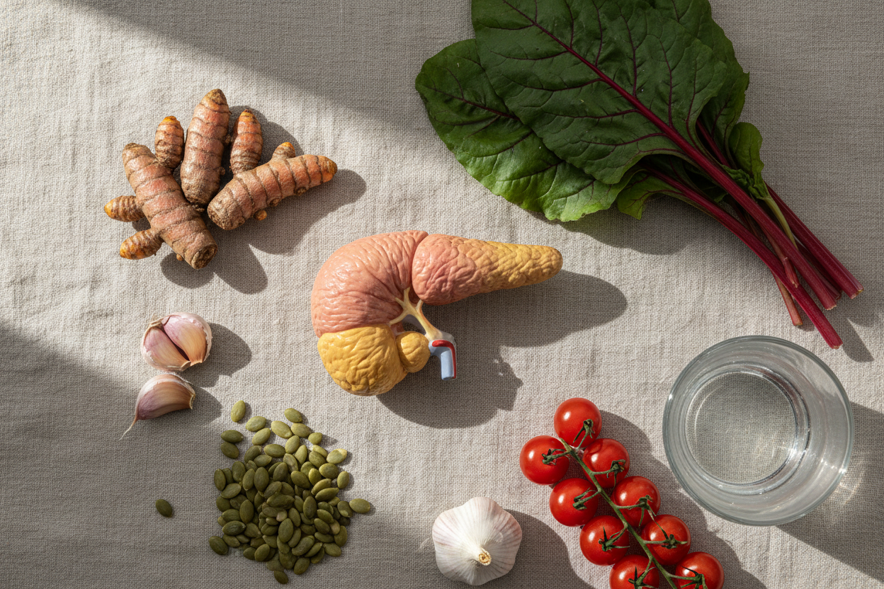 Anatomical pancreas model with fresh vegetables — Pancreatic Health blood test