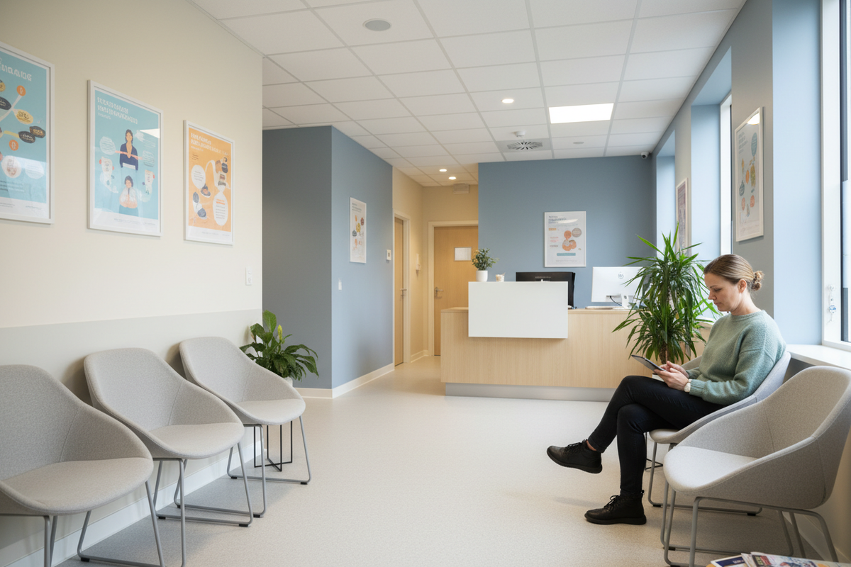 Woman waiting in a modern medical clinic reception — comprehensive acute blood test panel for health screening