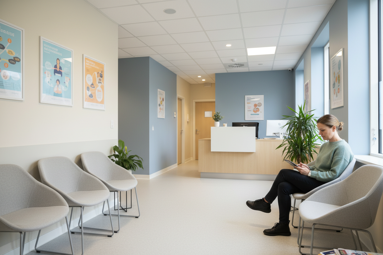 Woman waiting in a modern medical clinic reception — comprehensive acute blood test panel for health screening