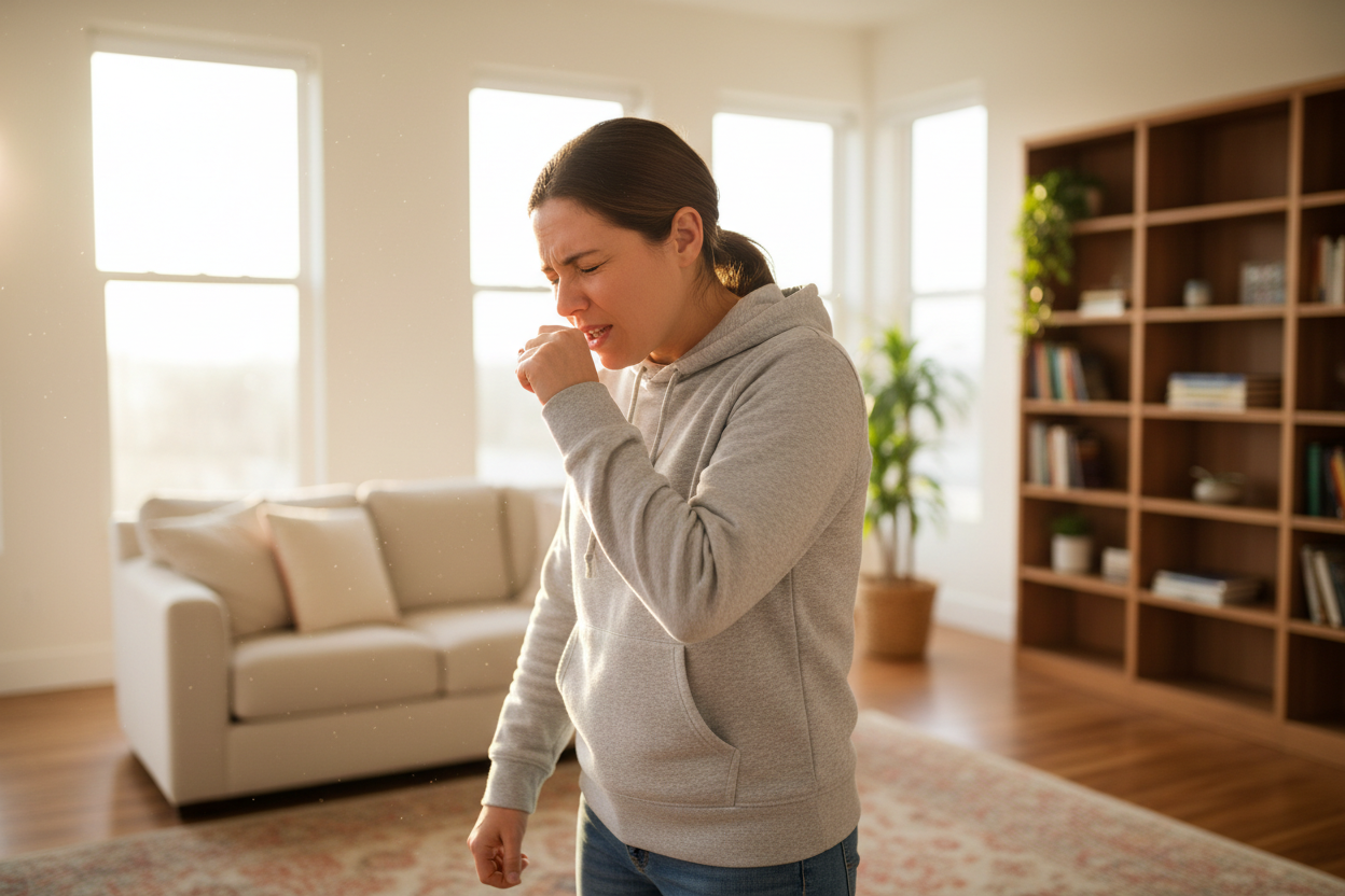 Woman coughing at home — Long COVID blood test assessing organ health, inflammation, thyroid and immune function after COVID-19