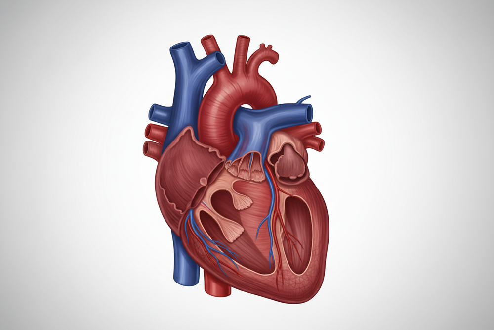 Anatomical illustration of the human heart showing chambers and blood vessels — Heart Health blood test