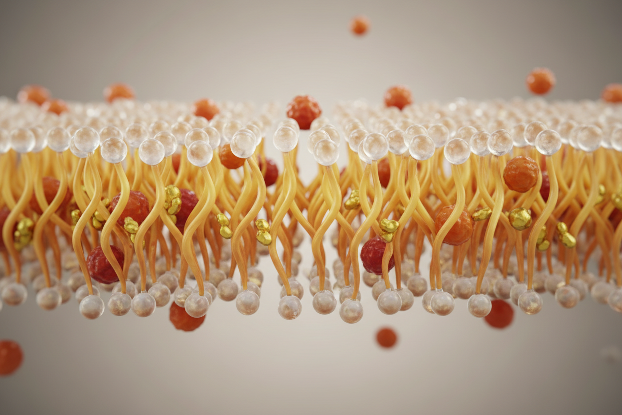 3D illustration of a phospholipid bilayer cell membrane — Lipid Health blood test for cholesterol and triglycerides